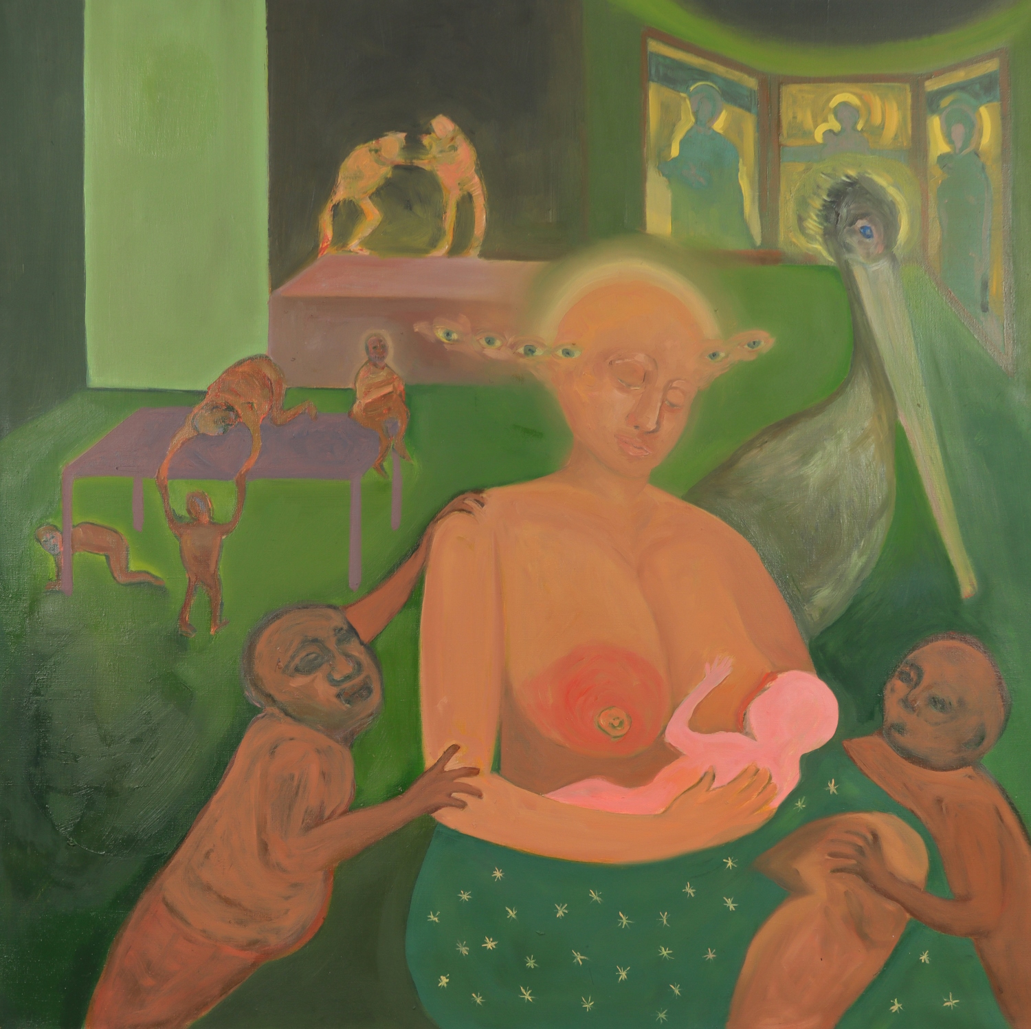 Gloria Velasco, Tavallinen päivä, öljy kankaalle, 100 x 100 cm, 2024 / An Ordinary Day, oil on canvas. Kuva: Virppi Sysilehto Gloria Velasco, Tavallinen päivä, öljy kankaalle, 100 x 100 cm, 2024 / An Ordinary Day, oil on canvas. Kuva: Virppi Sysilehto
