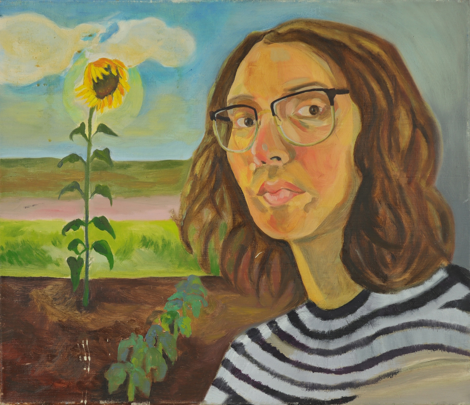 Gloria Velasco, Omakuva auringonkukan kanssa, öljy kankaalle, 50.5 x 43.5 cm, 2022 / Selfportrait with Sunflower, oil on canvas. Kuva: Virppi Sysilehto Gloria Velasco, Omakuva auringonkukan kanssa, öljy kankaalle, 50.5 x 43.5 cm, 2022 / Selfportrait with Sunflower, oil on canvas. Kuva: Virppi Sysilehto