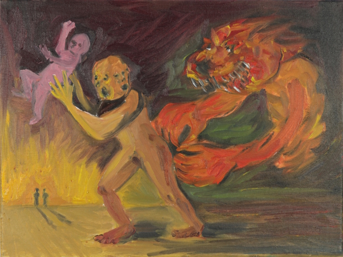 Gloria Velasco, Äidilliset pelot II, öljy kankaalle, 40 x 30.5 cm, 2024 / Motherly fears II, oil on canvas. Kuva: Virppi Sysilehto Gloria Velasco, Äidilliset pelot II, öljy kankaalle, 40 x 30.5 cm, 2024 / Motherly fears II, oil on canvas. Kuva: Virppi Sysilehto