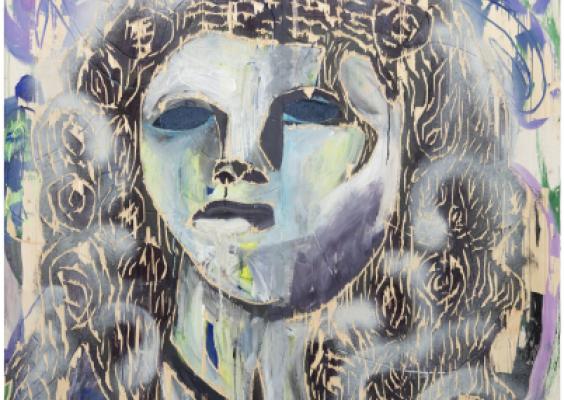 Camilla Vuorenmaa, Farkkumeedio, 2020, sekatekniikka: maalaus ja kaiverrus puulle, 115 cm x 120 cm. Valokuva: Jussi Tiainen. Camilla Vuorenmaa, Farkkumeedio, 2020, sekatekniikka: maalaus ja kaiverrus puulle, 115 cm x 120 cm. Valokuva: Jussi Tiainen.