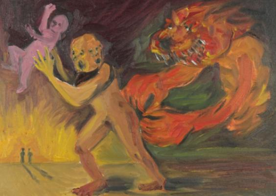 Gloria Velasco, Äidilliset pelot II, öljy kankaalle, 40 x 30.5 cm, 2024 / Motherly fears II, oil on canvas. Kuva: Virppi Sysilehto Gloria Velasco, Äidilliset pelot II, öljy kankaalle, 40 x 30.5 cm, 2024 / Motherly fears II, oil on canvas. Kuva: Virppi Sysilehto