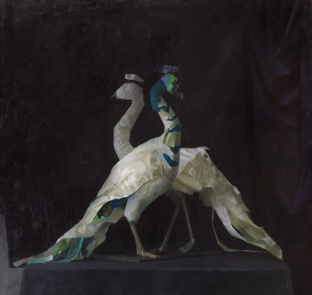 Tuomo Laakso, Asetelma (kaksi riikinkukkoa), 81cm x 85cm, 2021. Kuva: Tuomo Laakso Tuomo Laakso, Asetelma (kaksi riikinkukkoa), 81cm x 85cm, 2021. Kuva: Tuomo Laakso