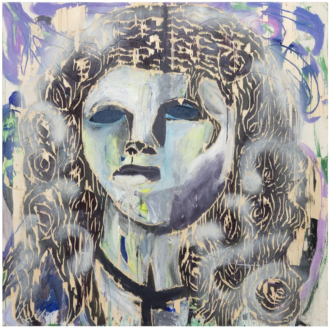 Camilla Vuorenmaa, Farkkumeedio, 2020, sekatekniikka: maalaus ja kaiverrus puulle, 115 cm x 120 cm. Valokuva: Jussi Tiainen. Camilla Vuorenmaa, Farkkumeedio, 2020, sekatekniikka: maalaus ja kaiverrus puulle, 115 cm x 120 cm. Valokuva: Jussi Tiainen.