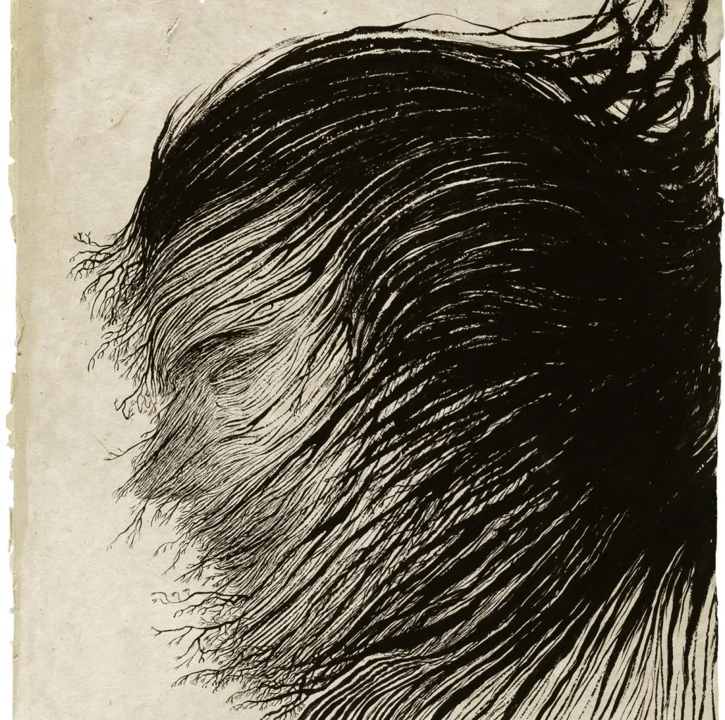 Kuvassa osa Elina Merenmiehen piirustuksesta "Puut tulevat", 2013, muste käsintehdylle paperille, 51 x 36 cm Kuvassa osa Elina Merenmiehen piirustuksesta "Puut tulevat", 2013, muste käsintehdylle paperille, 51 x 36 cm