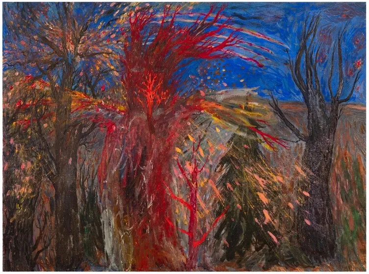 Meteoriitti / Meteorit / Meteorite, 2023-24, tempera ja öljy kankaalle / tempera och olja på duk / tempera and oil on canvas, 51 x 70 cm, Turun taidemuseo