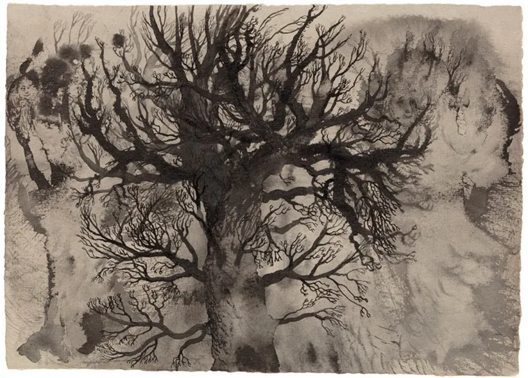 Hirviöpuu / Monsterträd / Monstrous Tree, 2023–2024, muste paperille / bläck på papper / ink on paper, 17,5 x 24 cm, yksityiskokoelma