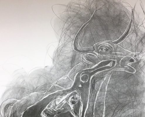 Yksityiskohta Ilkka Sariolan teoksesta ”Brazen Bull - Kuparisonni", sarjasta Dies Irae Drawings, lyijykynä ja grafiitti paperille, 115 x 150 cm, 2020