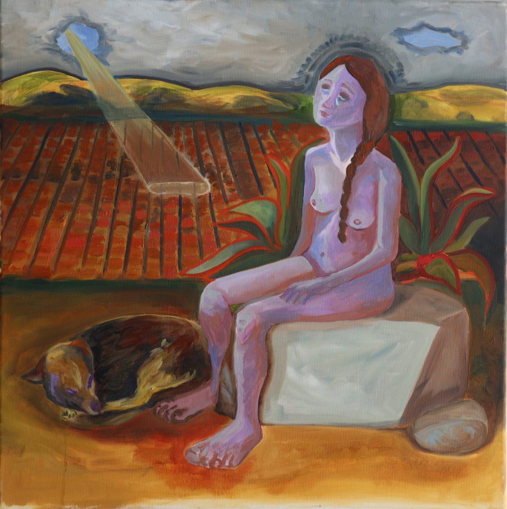 Gloria Velasco, Auringon maa, Land of the Sun, 2022, 60.5 x 60.5 cm, öljy kankaalle. Kuva Virppi Venell.